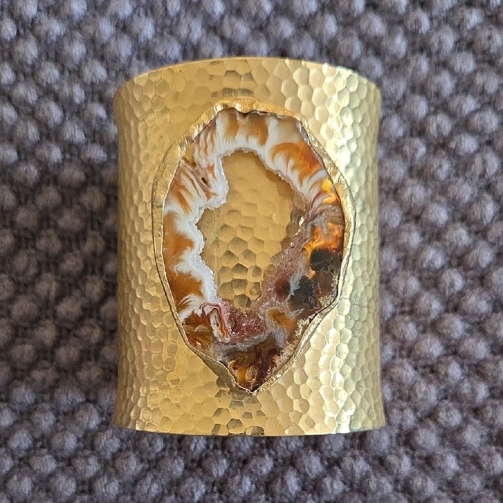 Gold Tone Hammered Cuff Bracelet with Agate Stone